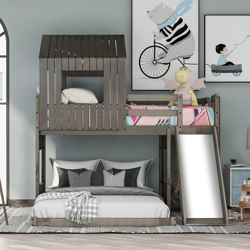 Loft Bunk Bed With Playhouse, Farmhouse, Ladder, Slide And Guardrails by HouseOfZazla