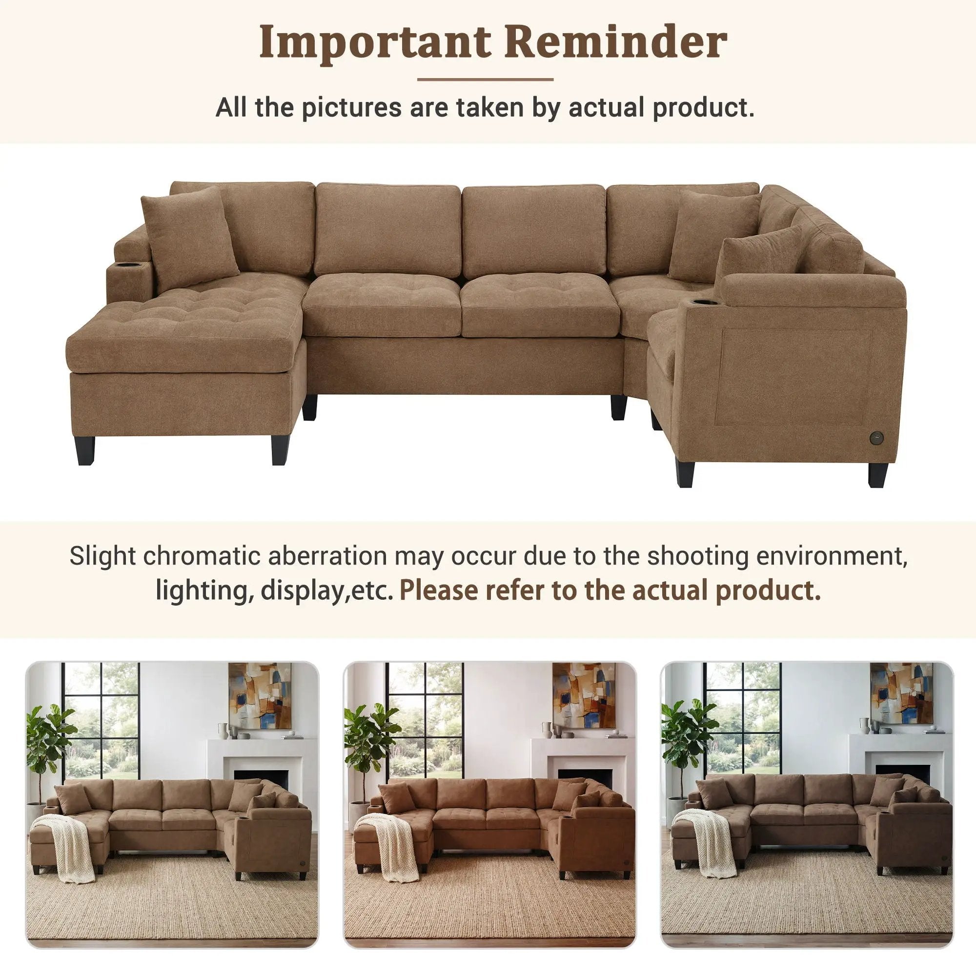 U Shaped Sectional Sofa, Corner Living Room Couch With Built In Cup Holders, Storage, USB Ports by Unique Piece Furniture