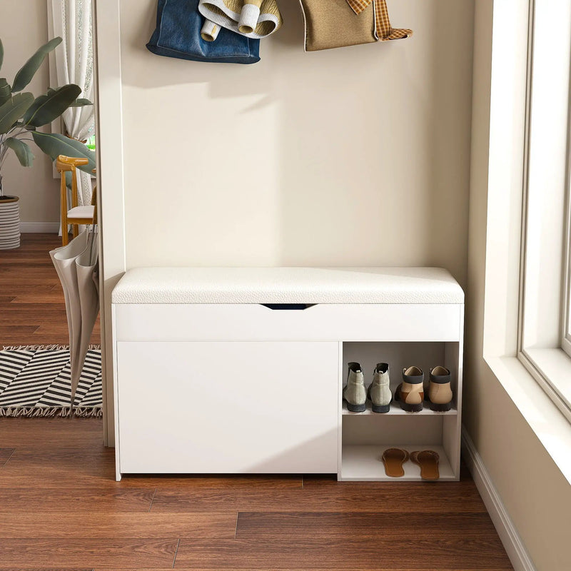 Modern Design Entryway Bench With Adjustable 3 Tier Flip-Up Drawers And Hidden Cabinet - White by HouseOfZazla
