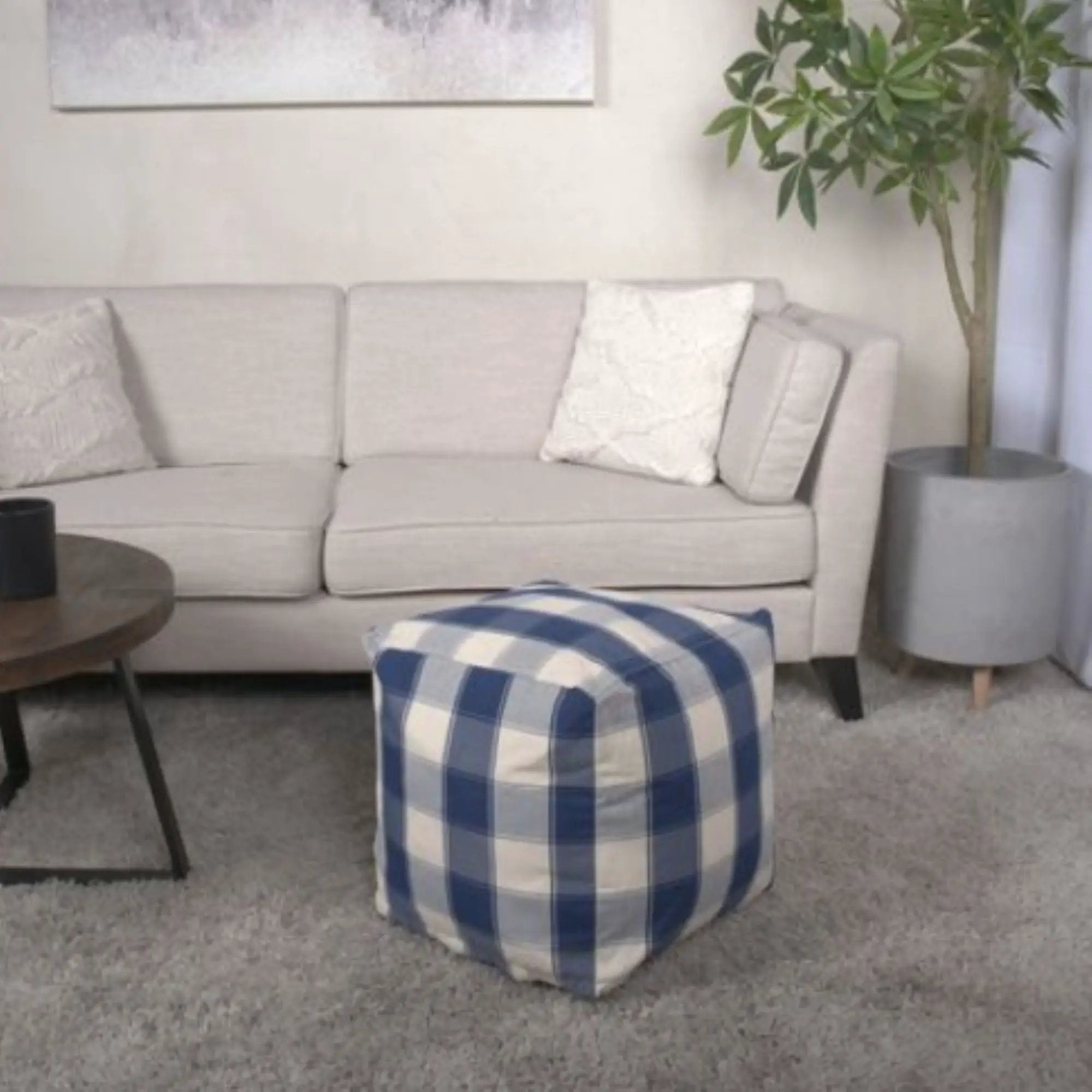 Connor - Checkered Square Pouf Ottoman And Floor Cushion - Ivory / Navy by Unique Piece Furniture