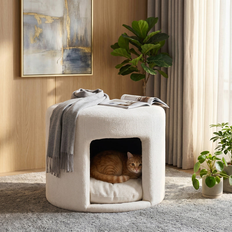 Beige Pet-Friendly Ottoman with Removable Pet Cushion and Hidden Nook by HouseOfZazla