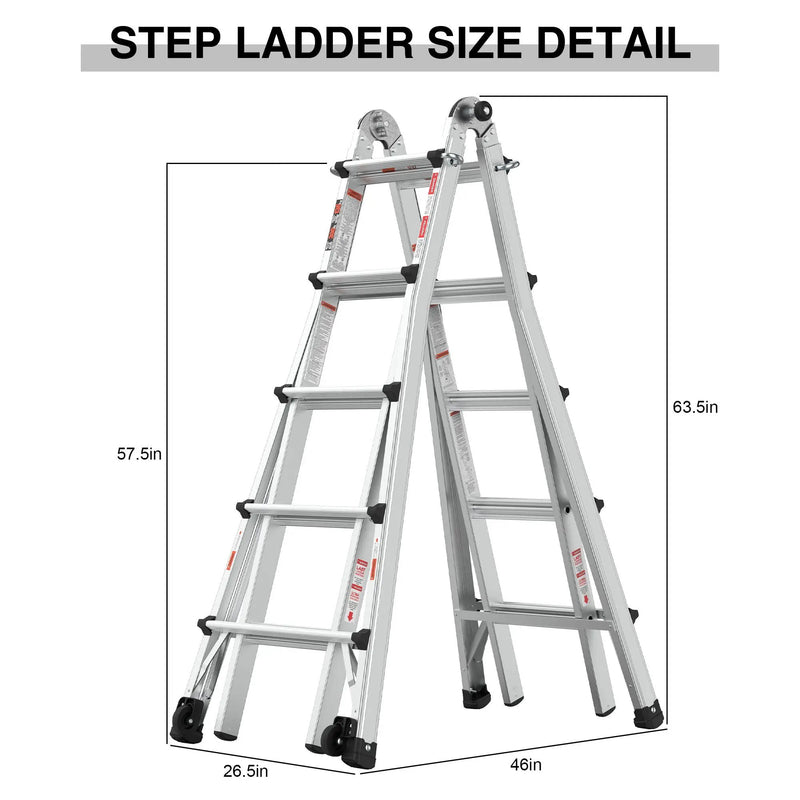 22' Aluminum Multi-Position Ladder With Wheels, 300 Lbs Weight Rating - Metallic Gray by HouseOfZazla