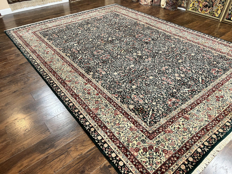 Large Sino Persian Rug 10x14, Wool Hand Knotted Vintage Carpet, Dark Green & Beige, Kirman Floral Rug, Fine Weave, Traditional, Large by Jewel Rugs