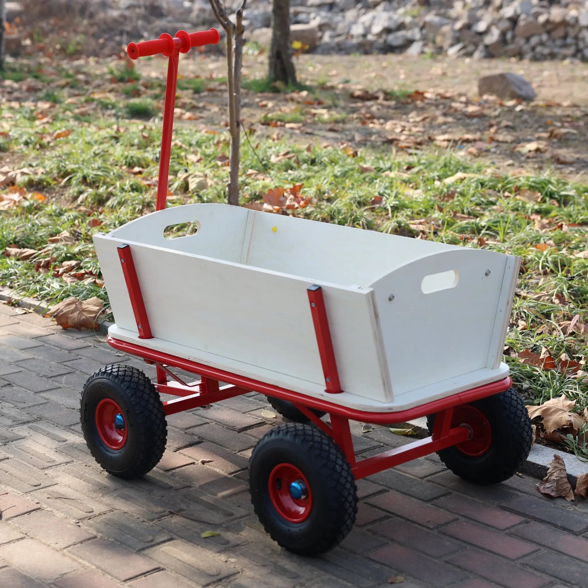 Wooden Children's Outdoor Stroller with Four-Wheel Design