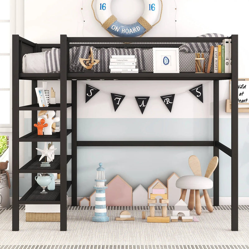 Loft Bed With 4 Tier Shelves And Storage by Unique Piece Furniture