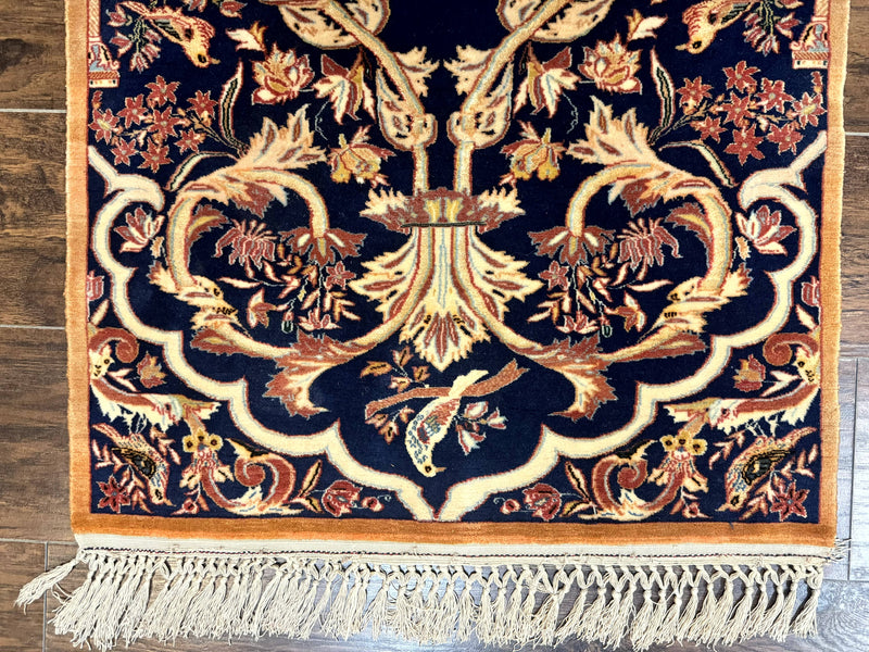Persian Isfahan Rug 2x4, Birds, Navy Blue, Kork Wool on Silk Foundation, 460 KPSI by Jewel Rugs