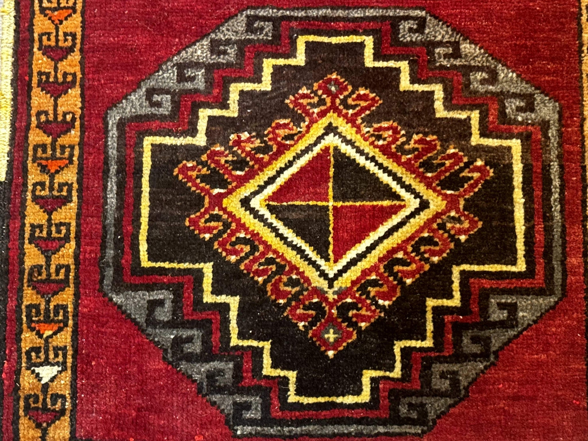 Small Antique Turkish Yastik Rug 2x3, Double Medallions, Geometric, Red, Wool by Jewel Rugs