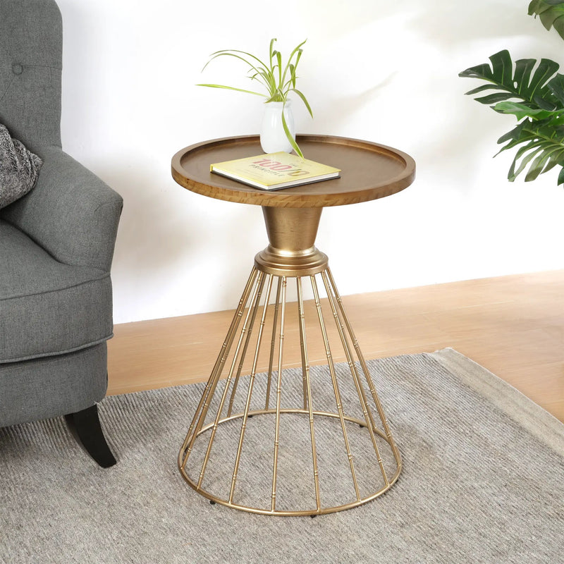 Hollow Edge Retro Art Pine Side Table with Antique Gold and Natural Color by HouseOfZazla