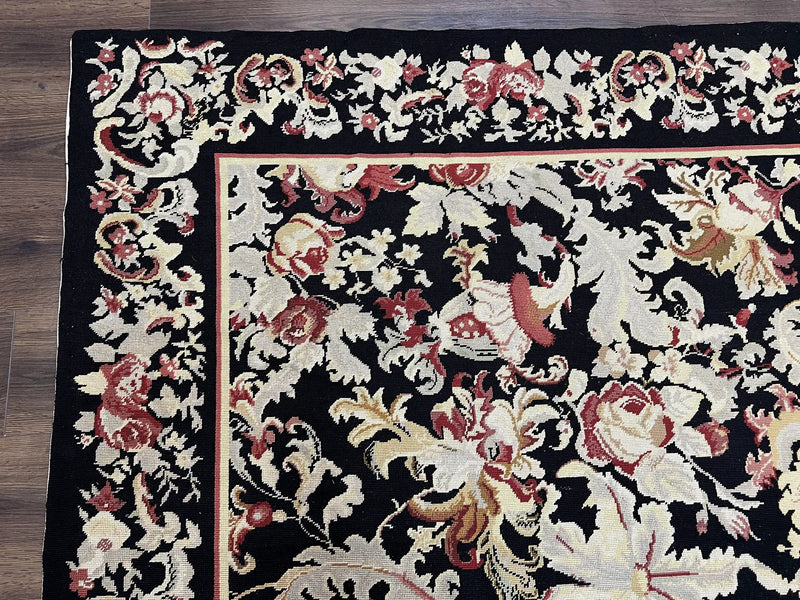 Wool Needlepoint Rug 9x12, William Morris Vintage Chinese Needlepoint Carpet 9 x 12, Handwoven, Allover Floral Area Rug, Black Light Green by Jewel Rugs