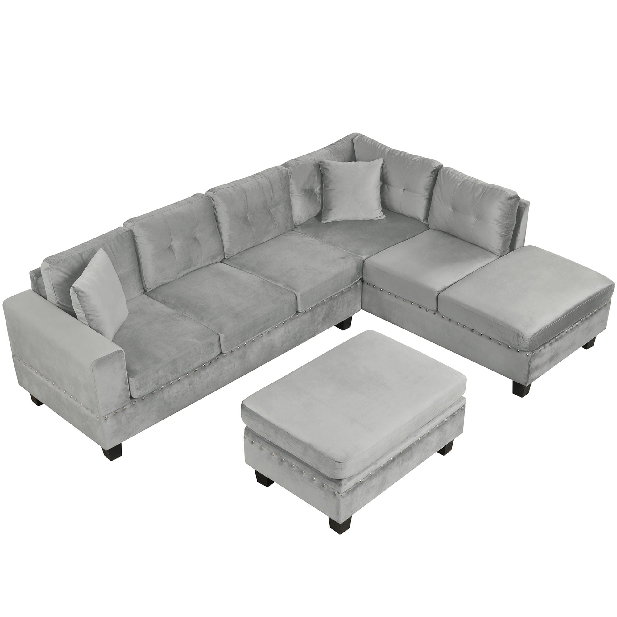 Modern Sectional Sofa With Storage Ottoman, L - Shape Couch With 2 Pillows And Cup Holders by HouseOfZazla