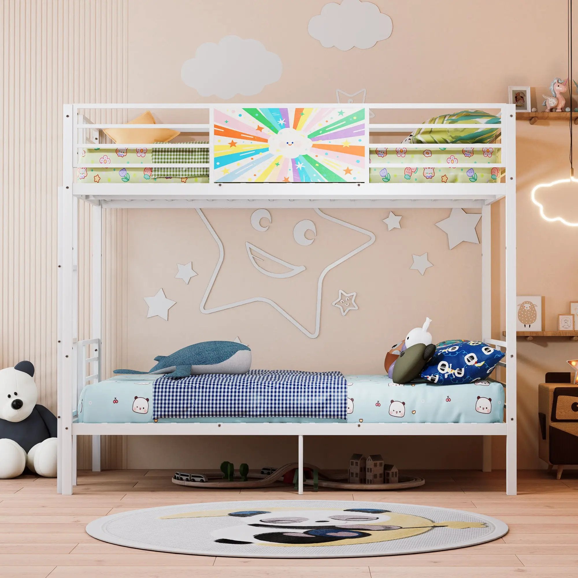 Bunk Bed, Convertible To 2 Separate Twin Size Beds & Full Length Guardrail & Ladder, No Box Spring Needed - White by HouseOfZazla