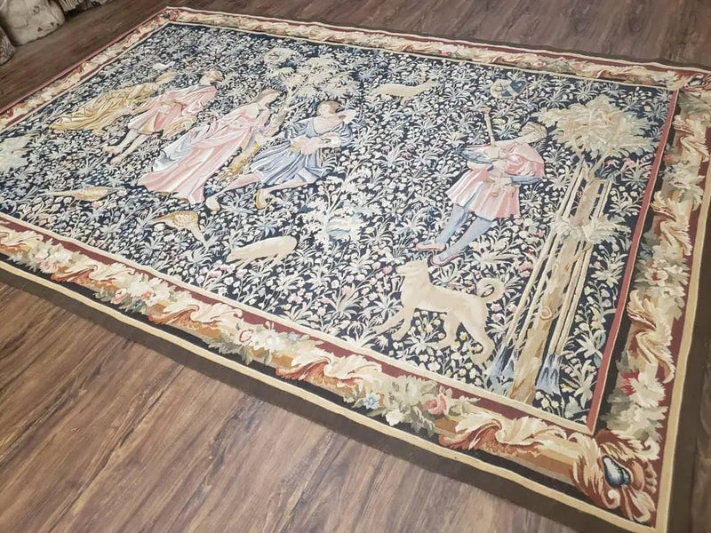 Vintage European Tapestry 5.4 x 7.11, Antique Style European Wall Hanging, Aubusson Weave Handmade Tapestry, Courtship Dating Scene, Animals by Jewel Rugs