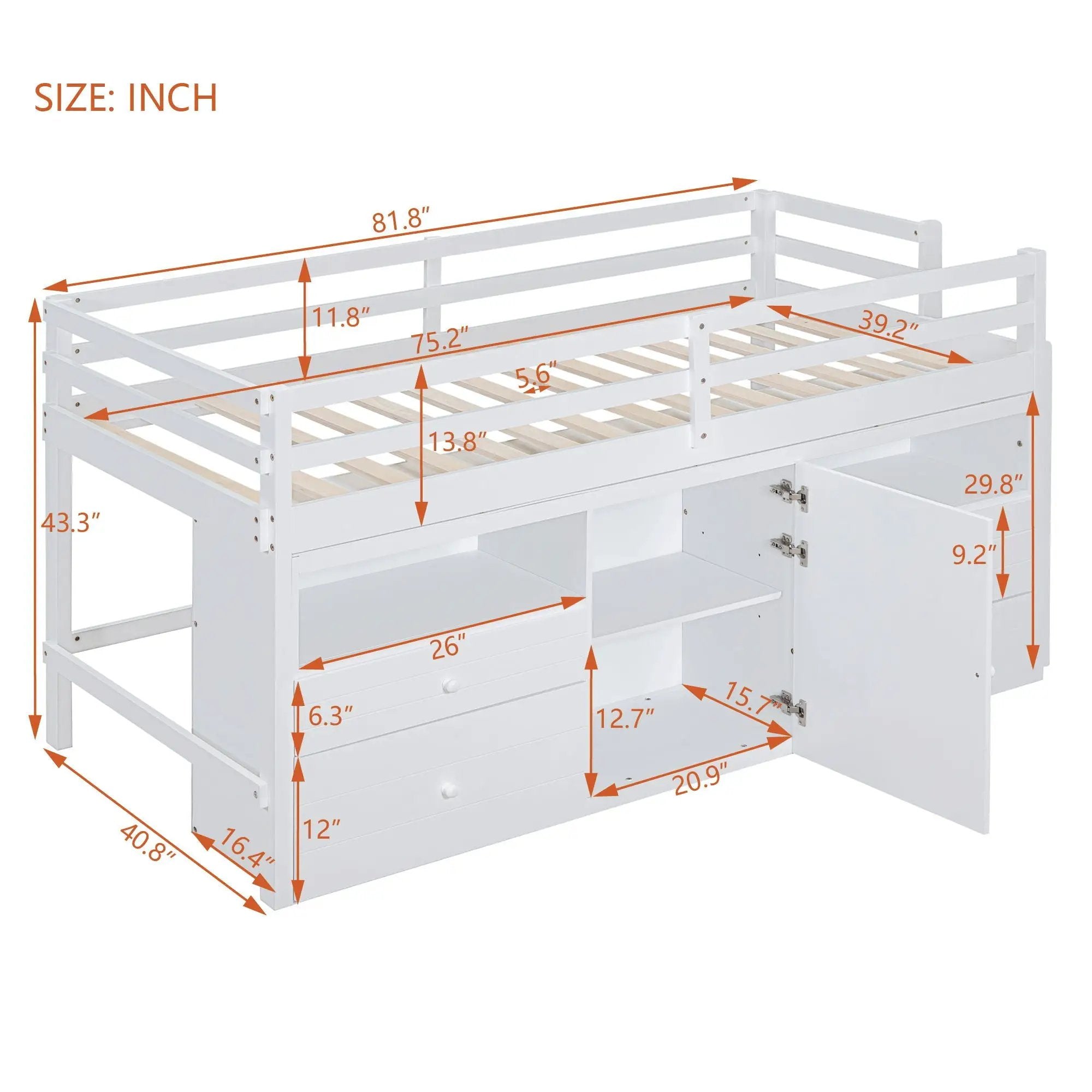 Loft Bed With 4 Drawers, Underneath Cabinet And Shelves