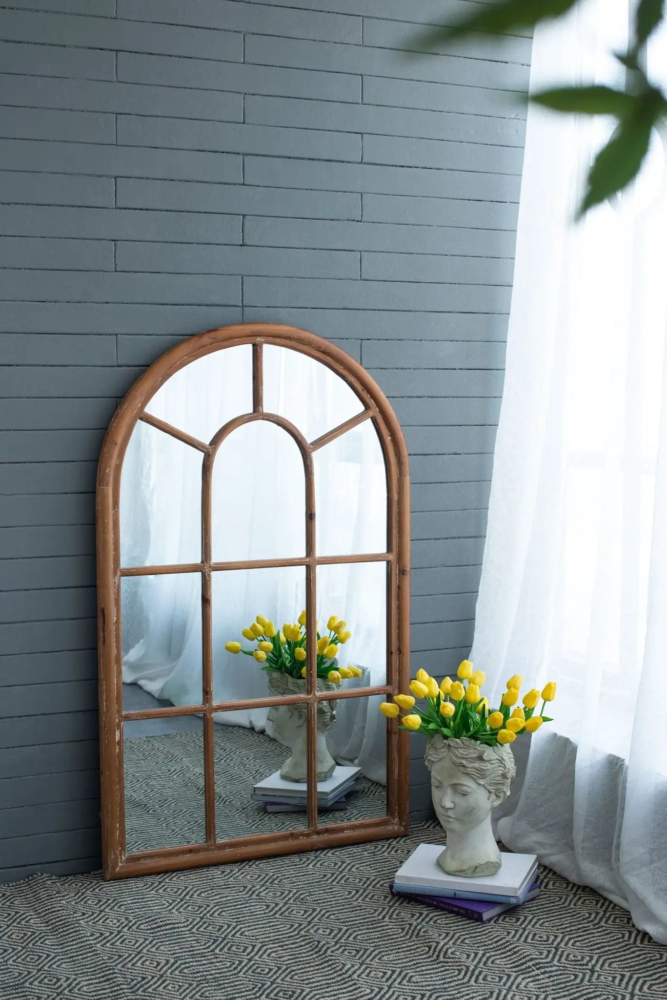 Large Arched Accent Mirror With Frame With Decorative Window Look Classic Architecture Style Solid Fir Wood Interior Decor - Brown by Unique Piece Furniture