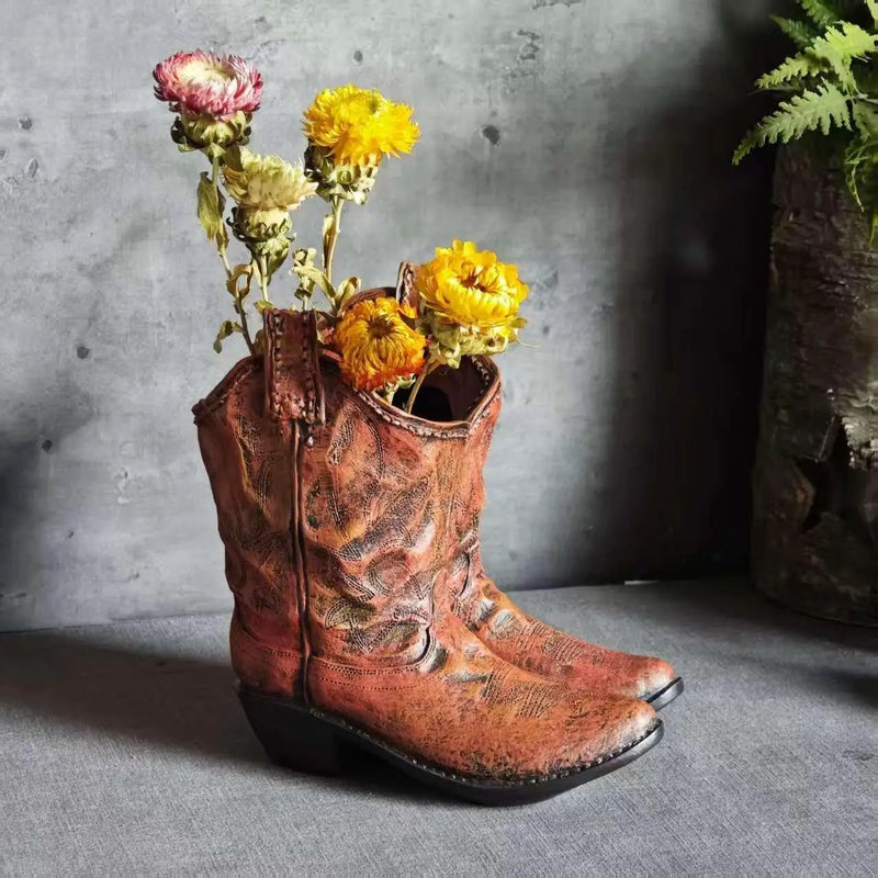 1pc American Country Creative Western Cowboy Boot Resin Flower Pot Ornament Vase for Balcony Garden Decoration by House Of Avana