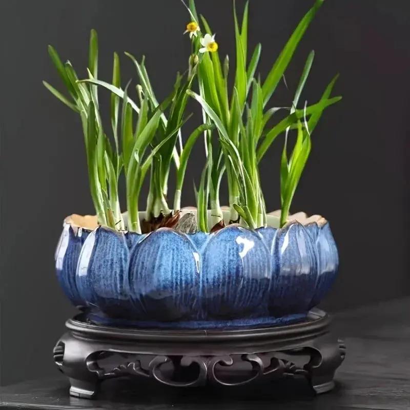 1pc Casual Style Ceramic Flower Pot, Round Tabletop Hydroponic Planter, for Bulbs, Succulents, and Lotus, Indoor and Outdoor Decorative Pot with No Drainage Hole by House Of Avana