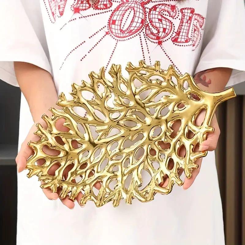 1pc Ceramic Decorative Tray - Leaf Pattern Design, Suitable for Living Room and Dining Room Decoration, Luxurious and Luxury Decorative Tray Perfect for Wedding, Commercial Event Decoration, Non Food Contact, Non-Food Contact by House Of Avana