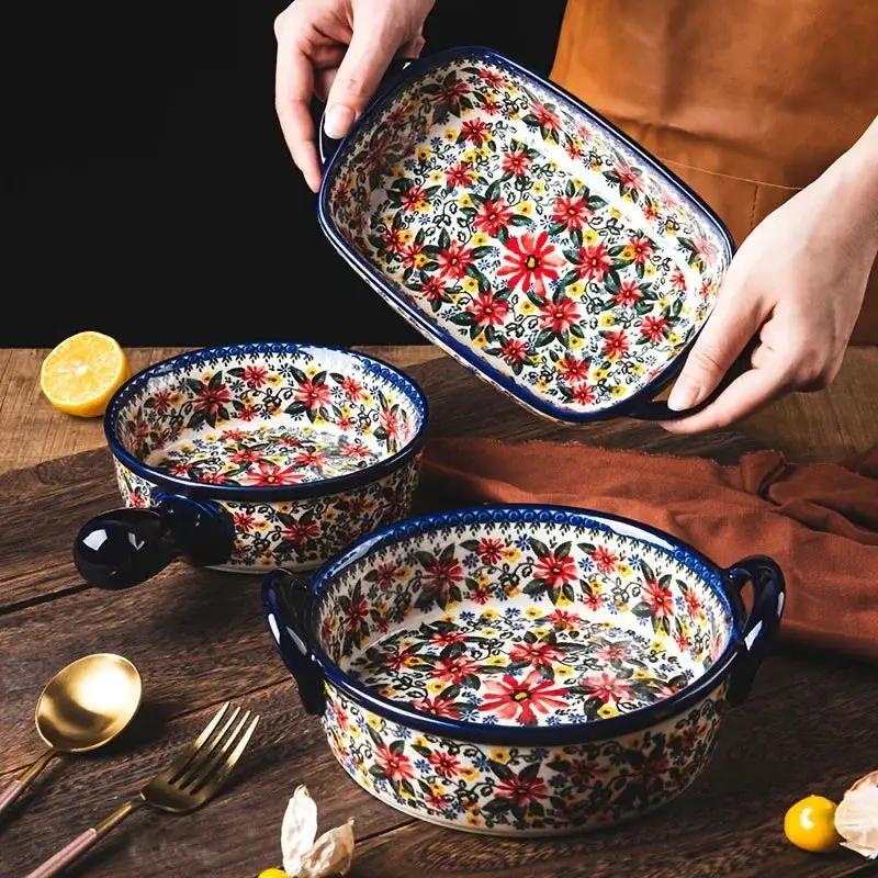 1pc Polish Ceramic Rectangular Baking Dish with Handles, Hand-Painted Embossed Floral Design, Versatile Salad/Rice/Cheese Plate for Home Kitchen by House Of Avana