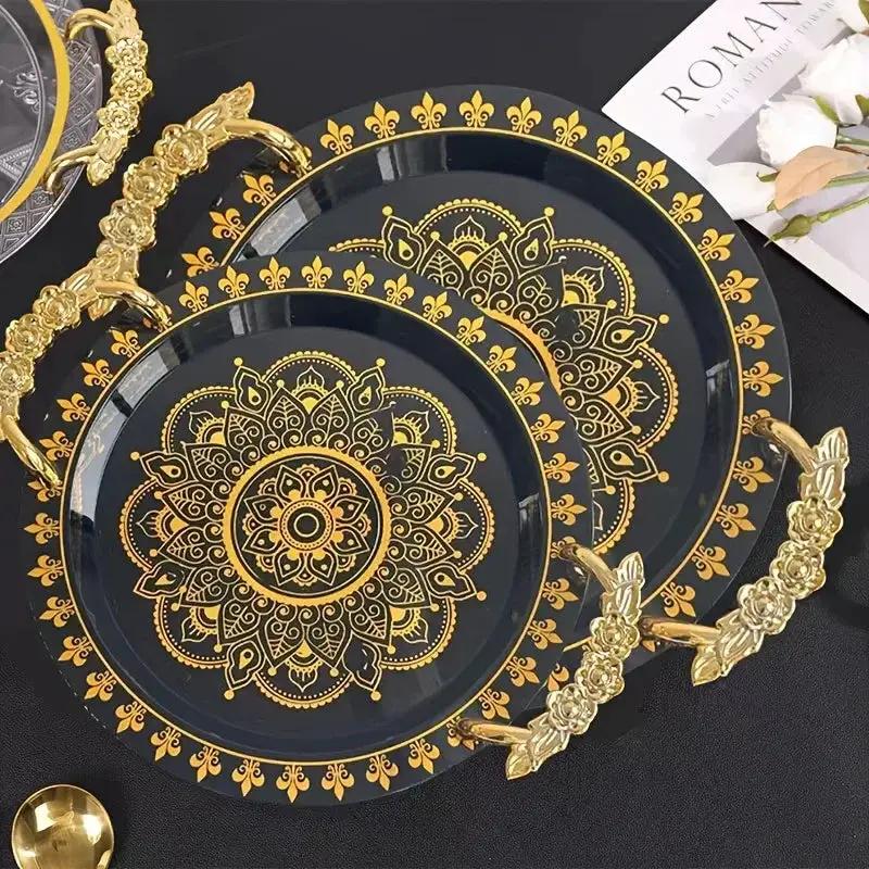 1pc Round Golden Embossed White Tray, Home Fruit Plate, Tea Tray, European Breakfast Tray, Round Wide-Edge Tray with Handles by House Of Avana