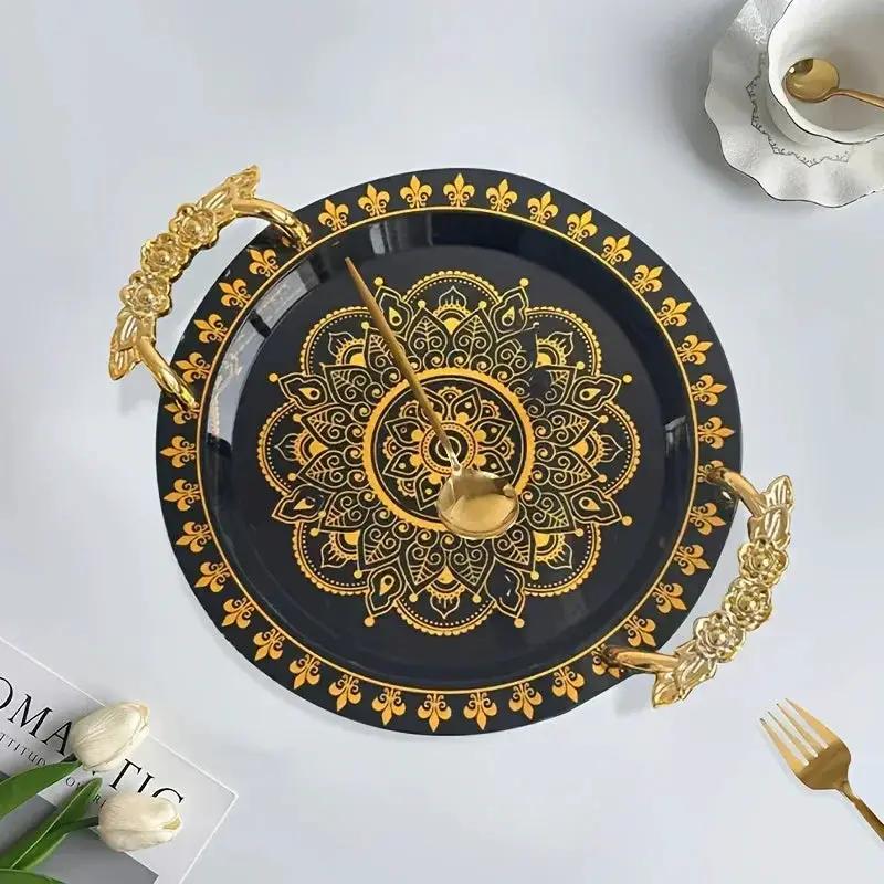 1pc Round Golden Embossed White Tray, Home Fruit Plate, Tea Tray, European Breakfast Tray, Round Wide-Edge Tray with Handles by House Of Avana