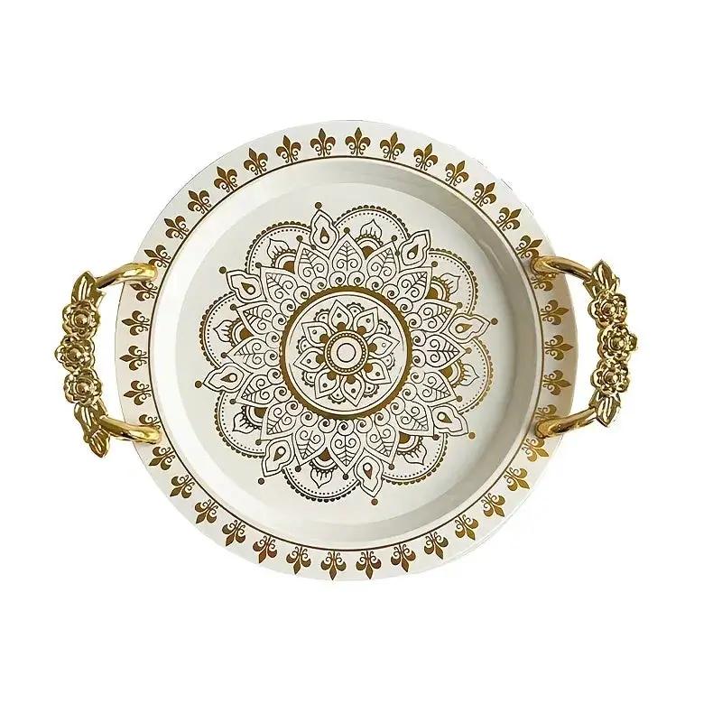 1pc Round Golden Embossed White Tray, Home Fruit Plate, Tea Tray, European Breakfast Tray, Round Wide-Edge Tray with Handles by House Of Avana