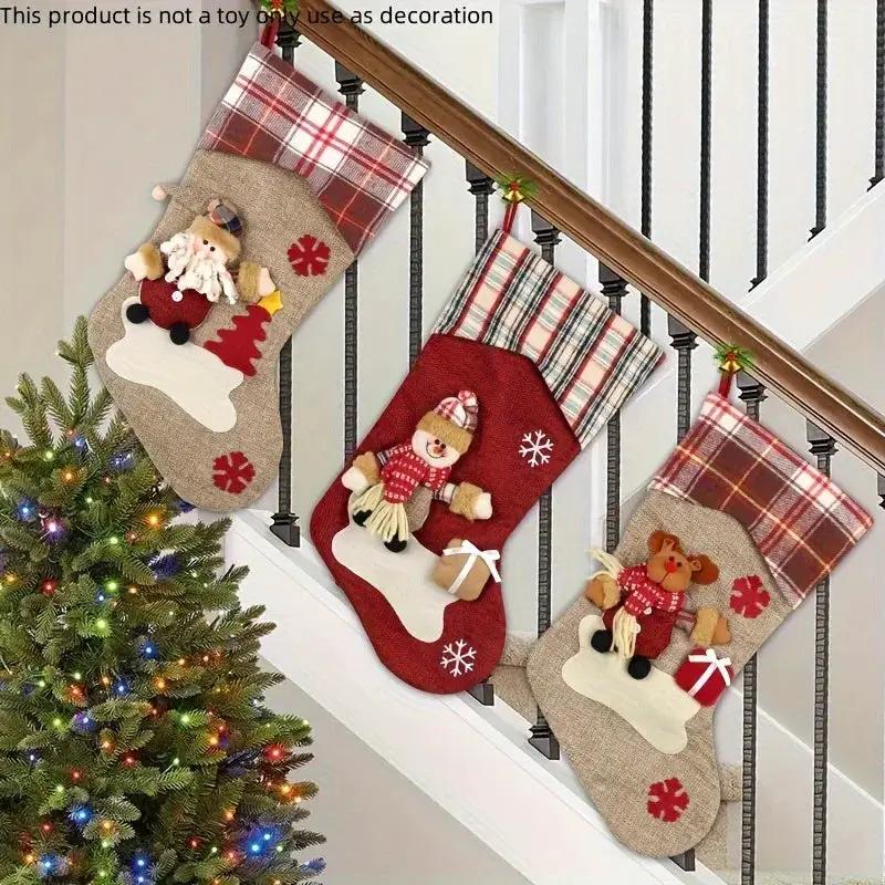 1pc/3pcs Classic Christmas Stocking Set, Polyester Hanging Holiday Decor with Santa, Snowman, Reindeer, Fantasy Themed, No Electricity Required, Festive Home & Party Decorations by House Of Avana
