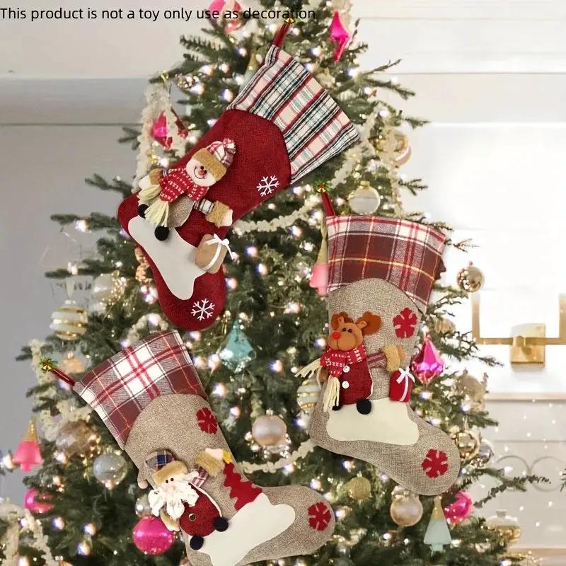1pc/3pcs Classic Christmas Stocking Set, Polyester Hanging Holiday Decor with Santa, Snowman, Reindeer, Fantasy Themed, No Electricity Required, Festive Home & Party Decorations by House Of Avana