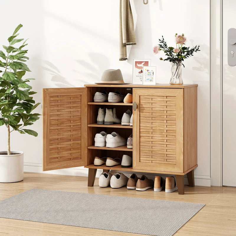 2-Door 4-Tier Shoe Cabinet Storage Organizer with Ventilated Woven Doors-Teak by DirectDeals