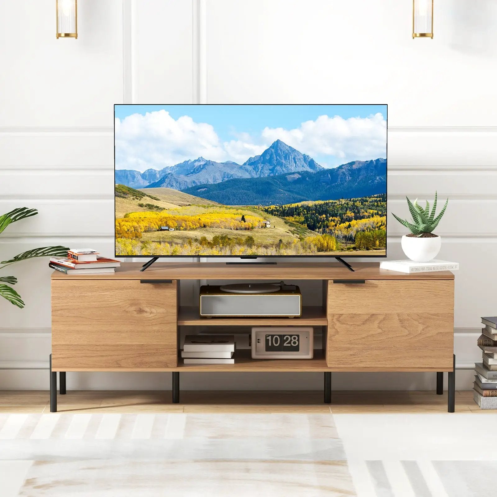 2-Door TV Stand with Charging Station and Open Shelves for TVs up to 65 Inches-Natural by DirectDeals