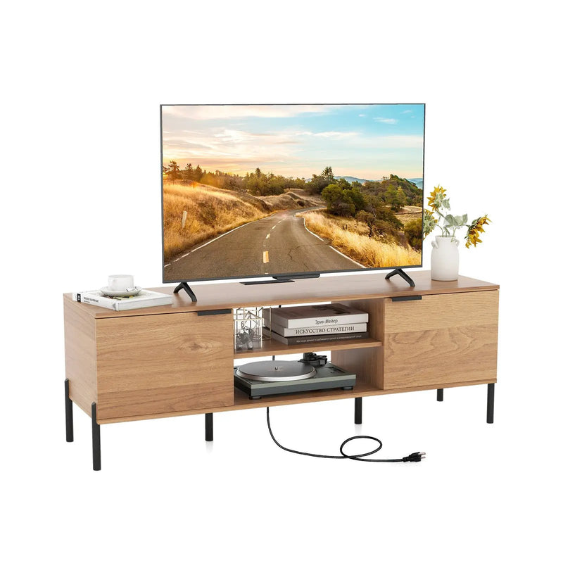 2-Door TV Stand with Charging Station and Open Shelves for TVs up to 65 Inches-Natural by DirectDeals