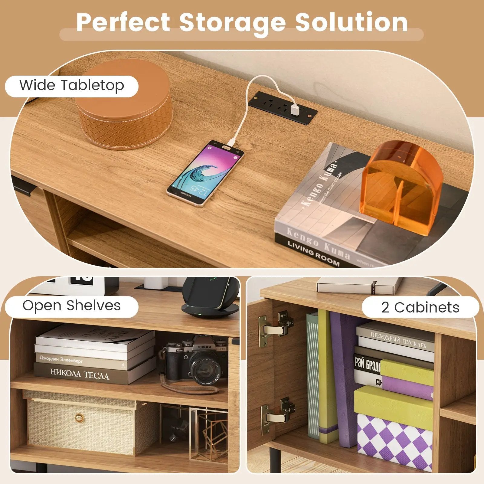 2-Door TV Stand with Charging Station and Open Shelves for TVs up to 65 Inches-Natural by DirectDeals