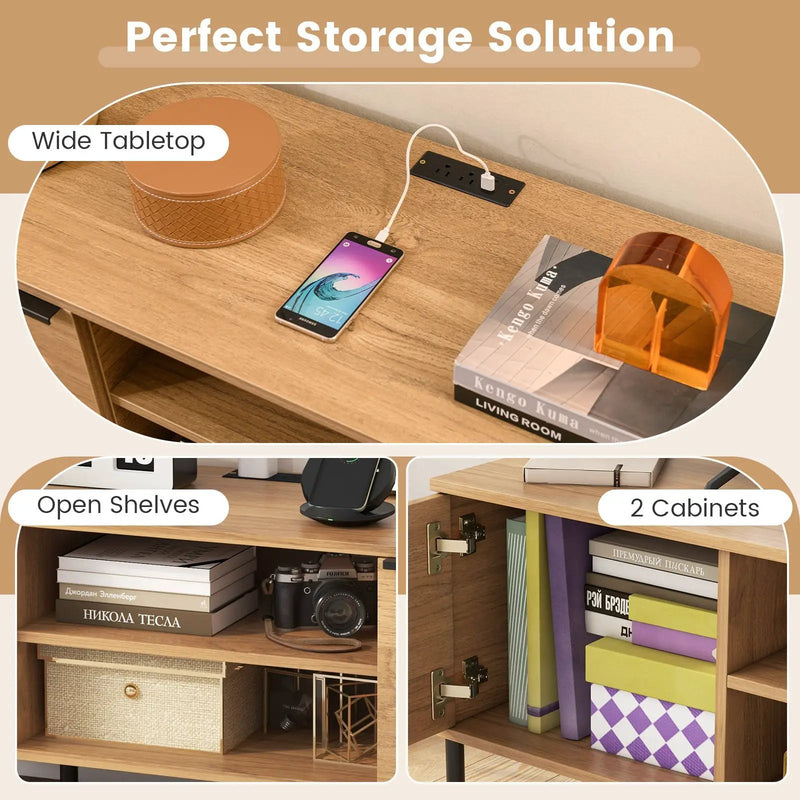2-Door TV Stand with Charging Station and Open Shelves for TVs up to 65 Inches-Natural by DirectDeals