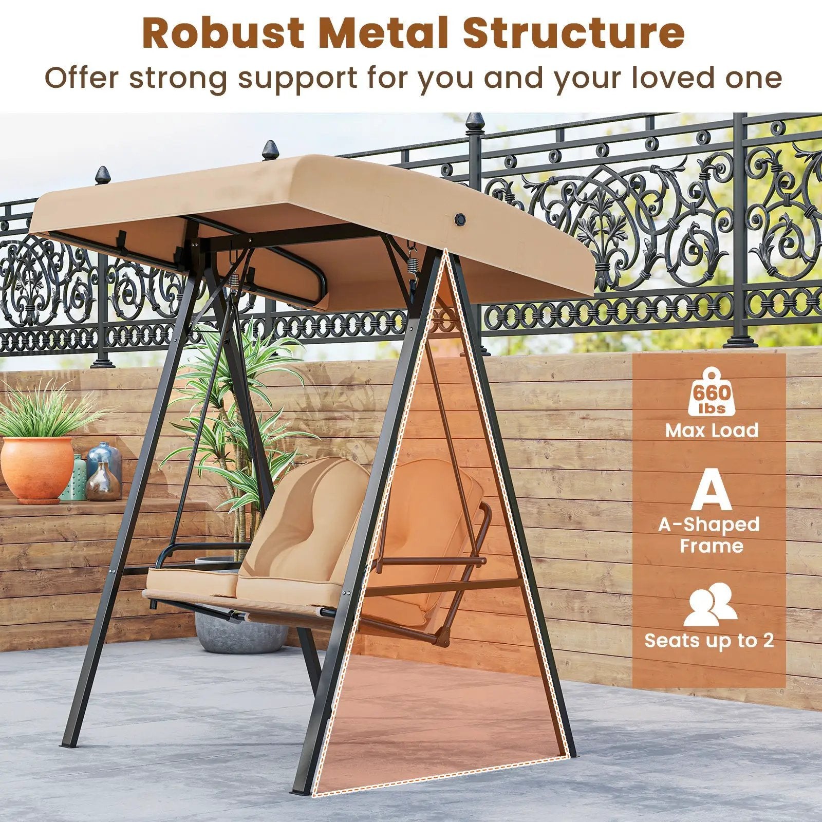 2-Person Outdoor Porch Swing with A-Shaped Metal Stand and Adjustable Canopy by DirectDeals