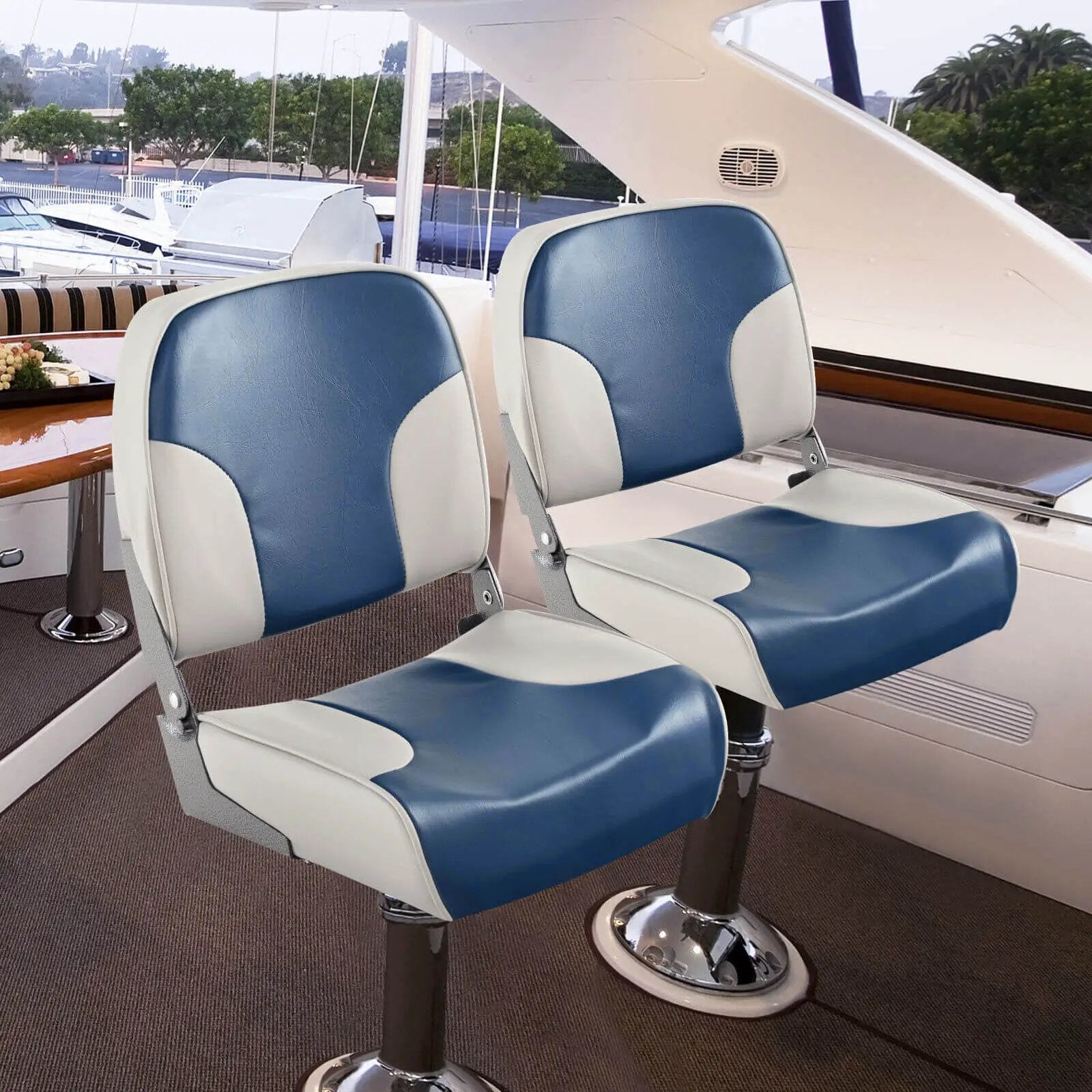 2 Pieces Low Back Boat Seat Set with Sponge Padding and Aluminum Hinges-Blue by DirectDeals