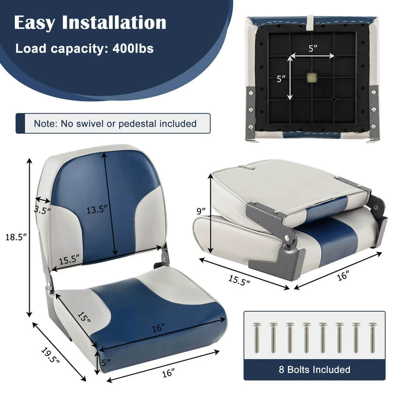 2 Pieces Low Back Boat Seat Set with Sponge Padding and Aluminum Hinges-Blue by DirectDeals