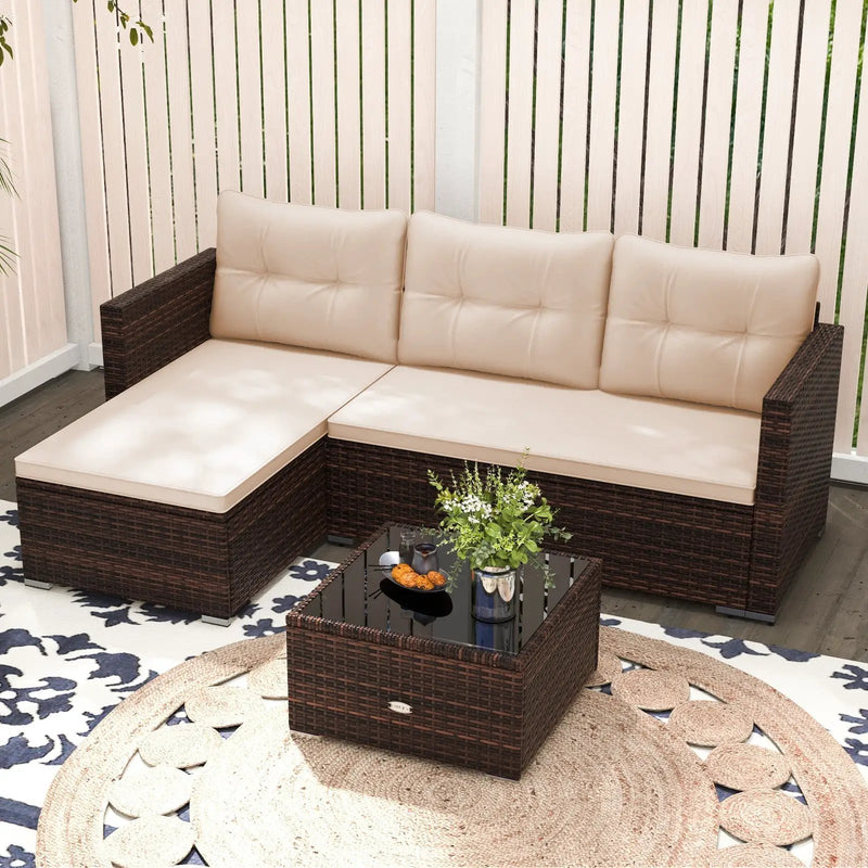 4 Seats Outdoor Wicker Furniture Set with Tempered Glass Coffee Table and Soft Cushions-Beige by DirectDeals