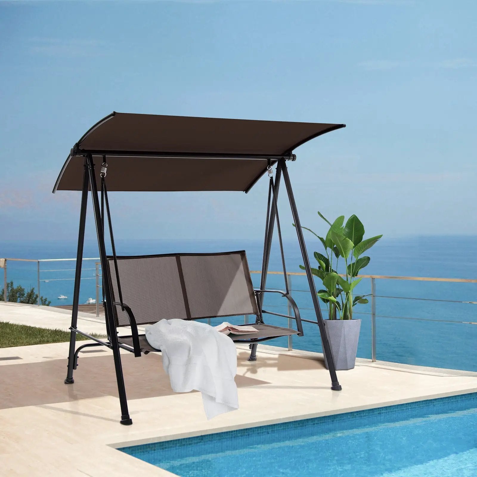 2-Seat Outdoor Canopy Swing with Comfortable Fabric Seat and Heavy-duty Metal Frame by DirectDeals