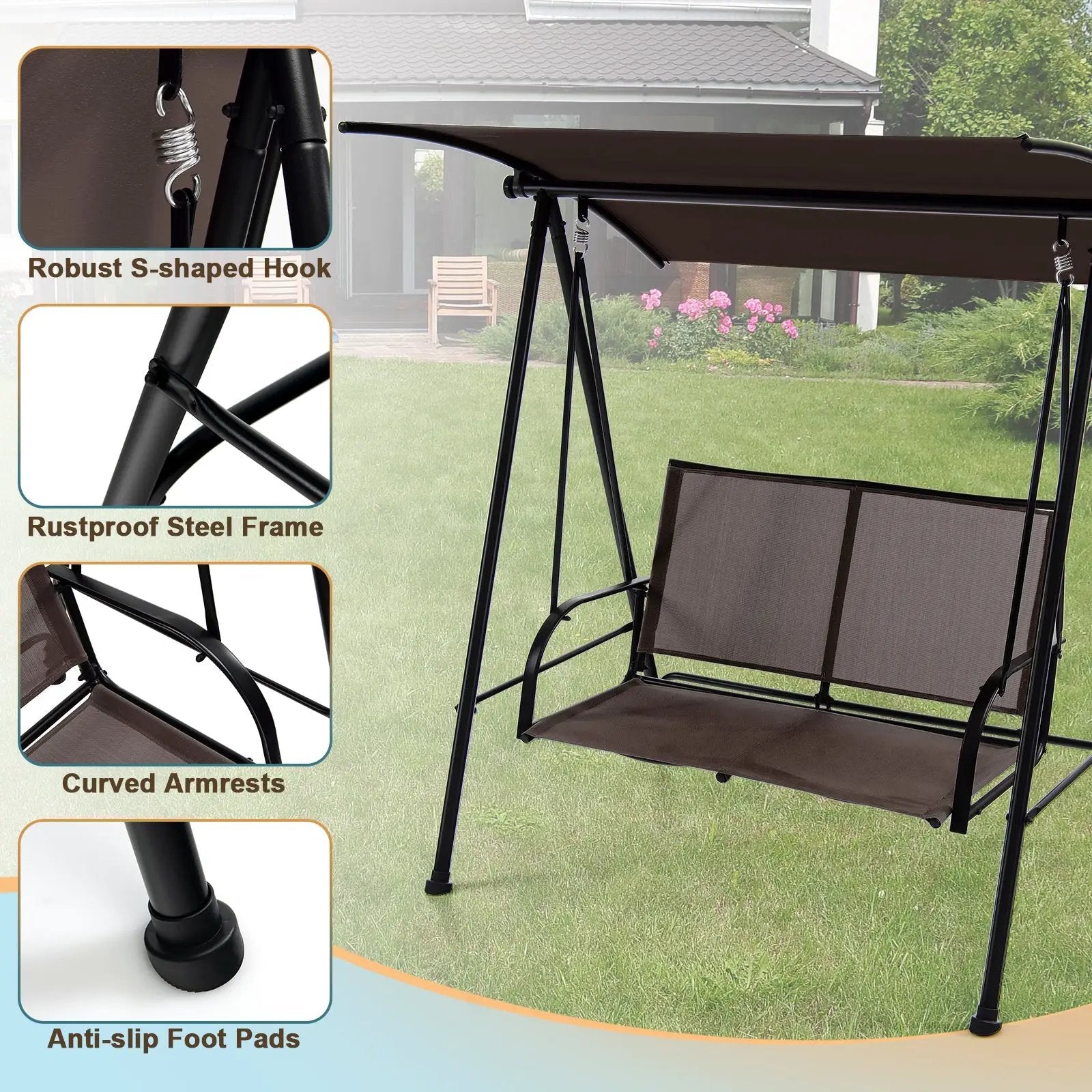 2-Seat Outdoor Canopy Swing with Comfortable Fabric Seat and Heavy-duty Metal Frame by DirectDeals