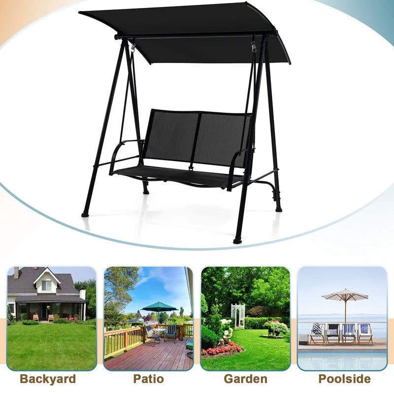 2-Seat Outdoor Canopy Swing with Comfortable Fabric Seat and Heavy-duty Metal Frame by DirectDeals