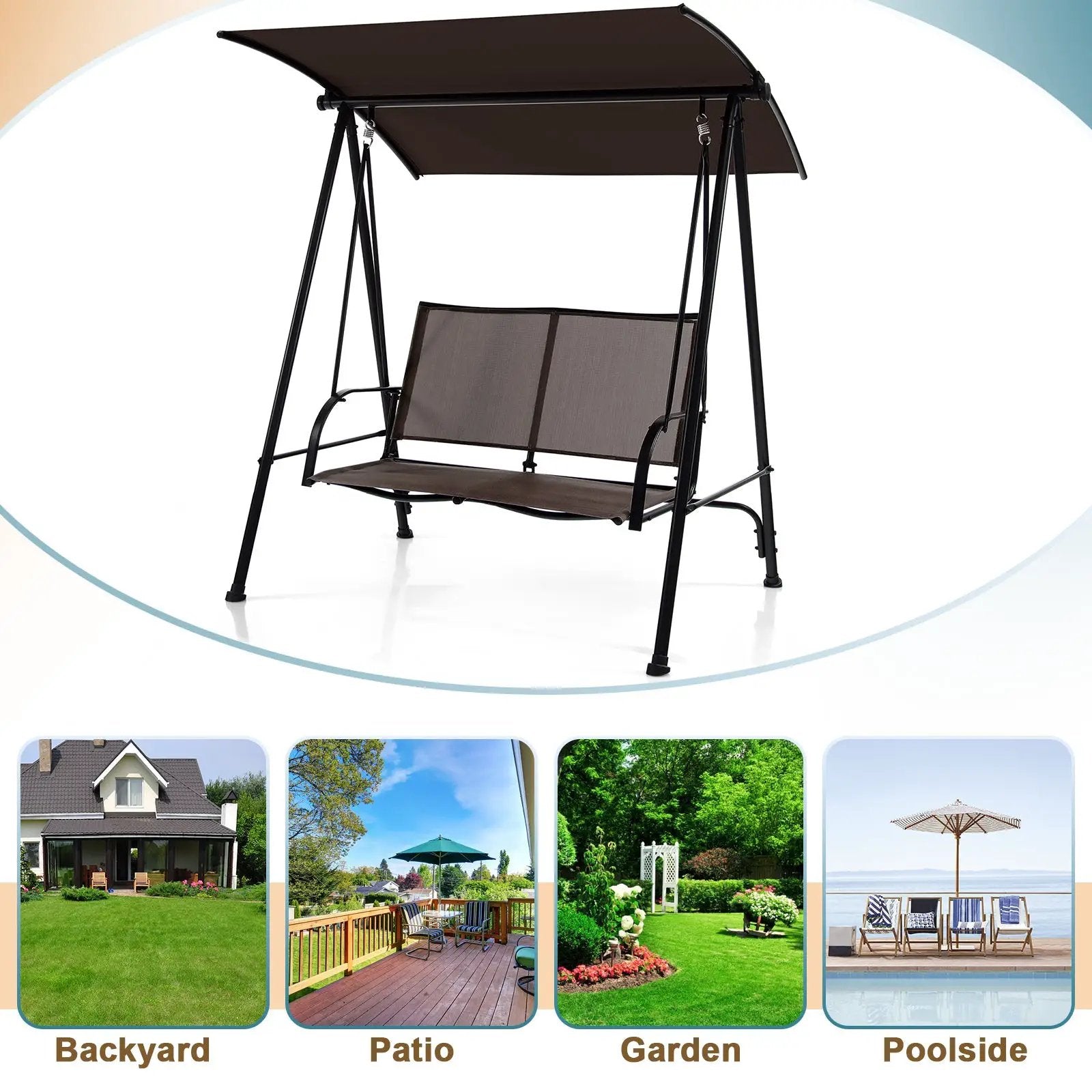 2-Seat Outdoor Canopy Swing with Comfortable Fabric Seat and Heavy-duty Metal Frame by DirectDeals