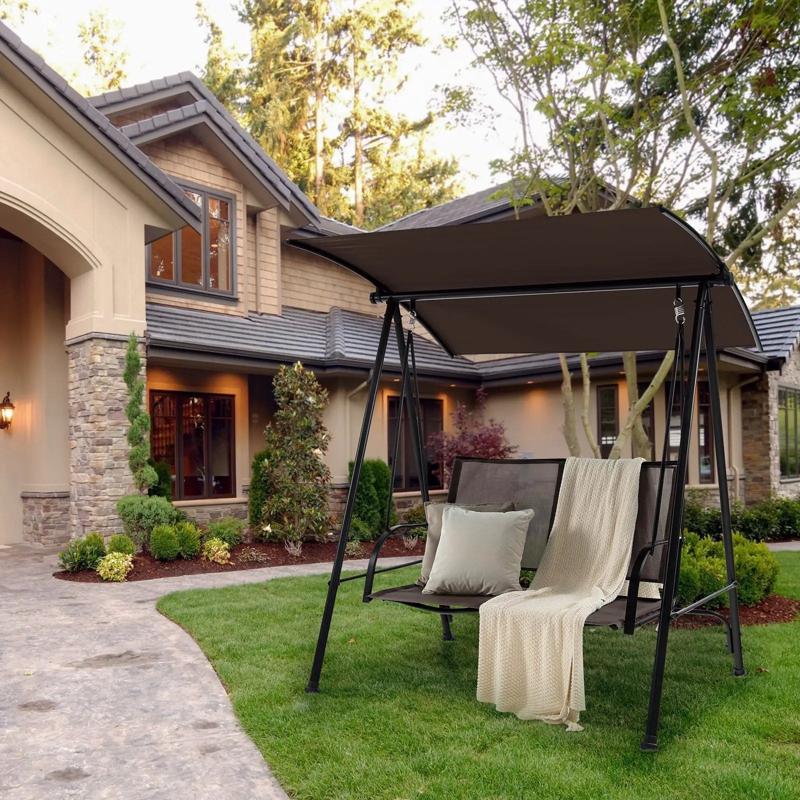 2-Seat Outdoor Canopy Swing with Comfortable Fabric Seat and Heavy-duty Metal Frame by DirectDeals