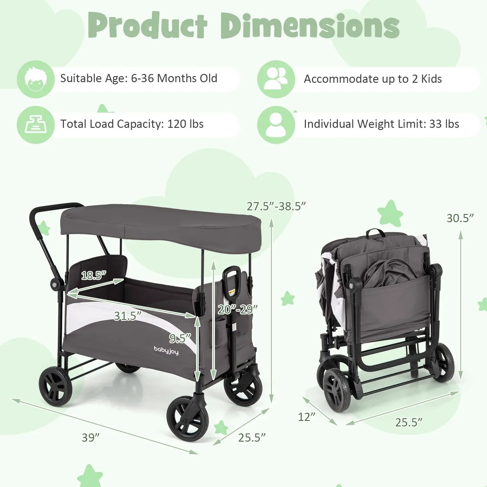 2-Seat Stroller Wagon with Adjustable Canopy and Handles by DirectDeals