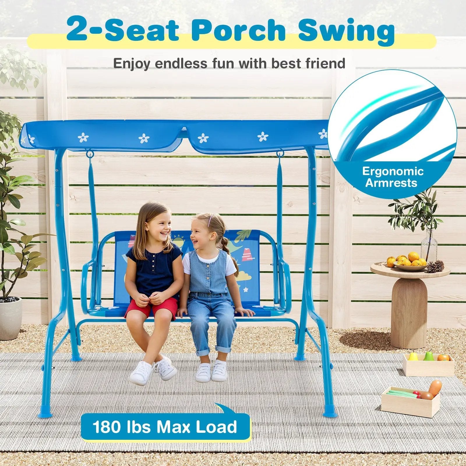 2-Seater Kids Patio Swing with Metal Stand and Adjustable Canopy-Navy by DirectDeals