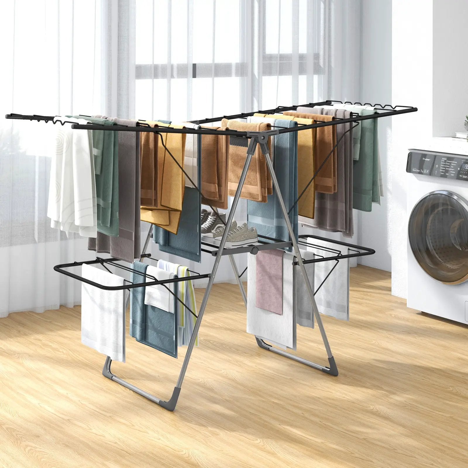 2-Tier Clothes Drying Rack with 33 Drying Rails and Height Adjustable Gullwings by DirectDeals