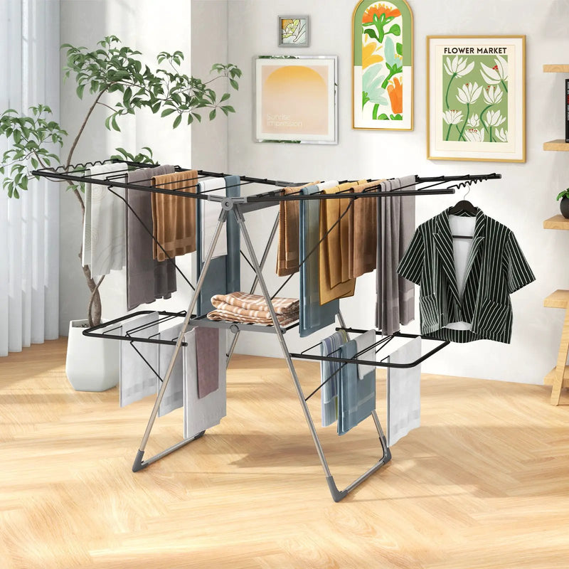 2-Tier Clothes Drying Rack with 33 Drying Rails and Height Adjustable Gullwings by DirectDeals