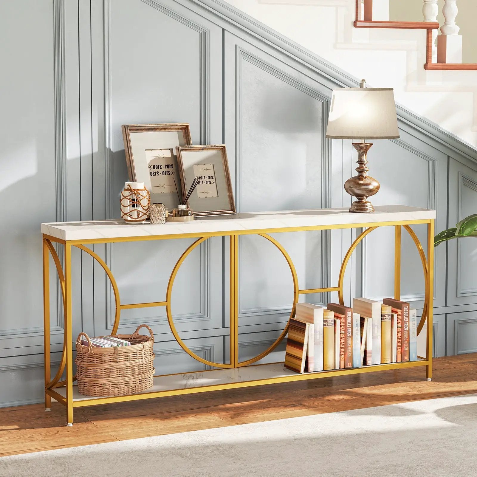 2-Tier Faux Marble Top Console Table with Storage Shelf-White by DirectDeals