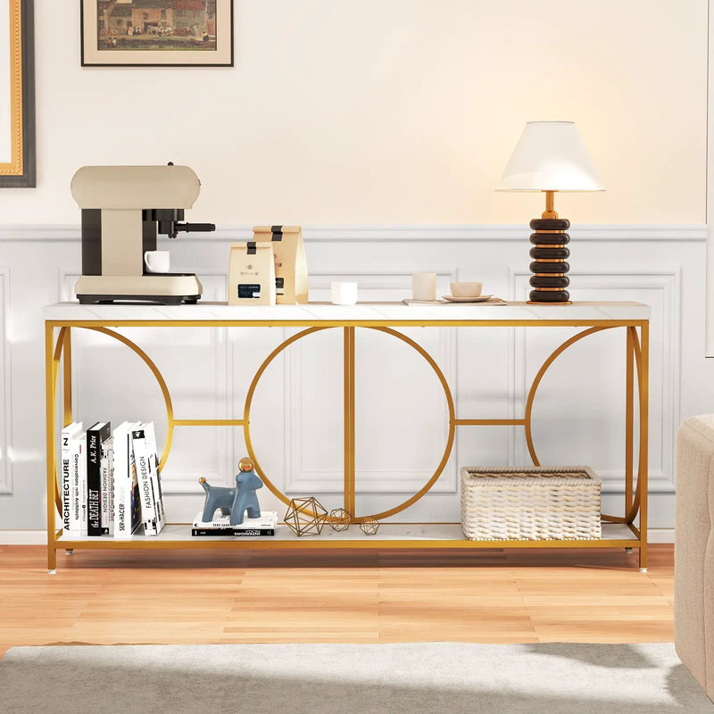2-Tier Faux Marble Top Console Table with Storage Shelf-White by DirectDeals
