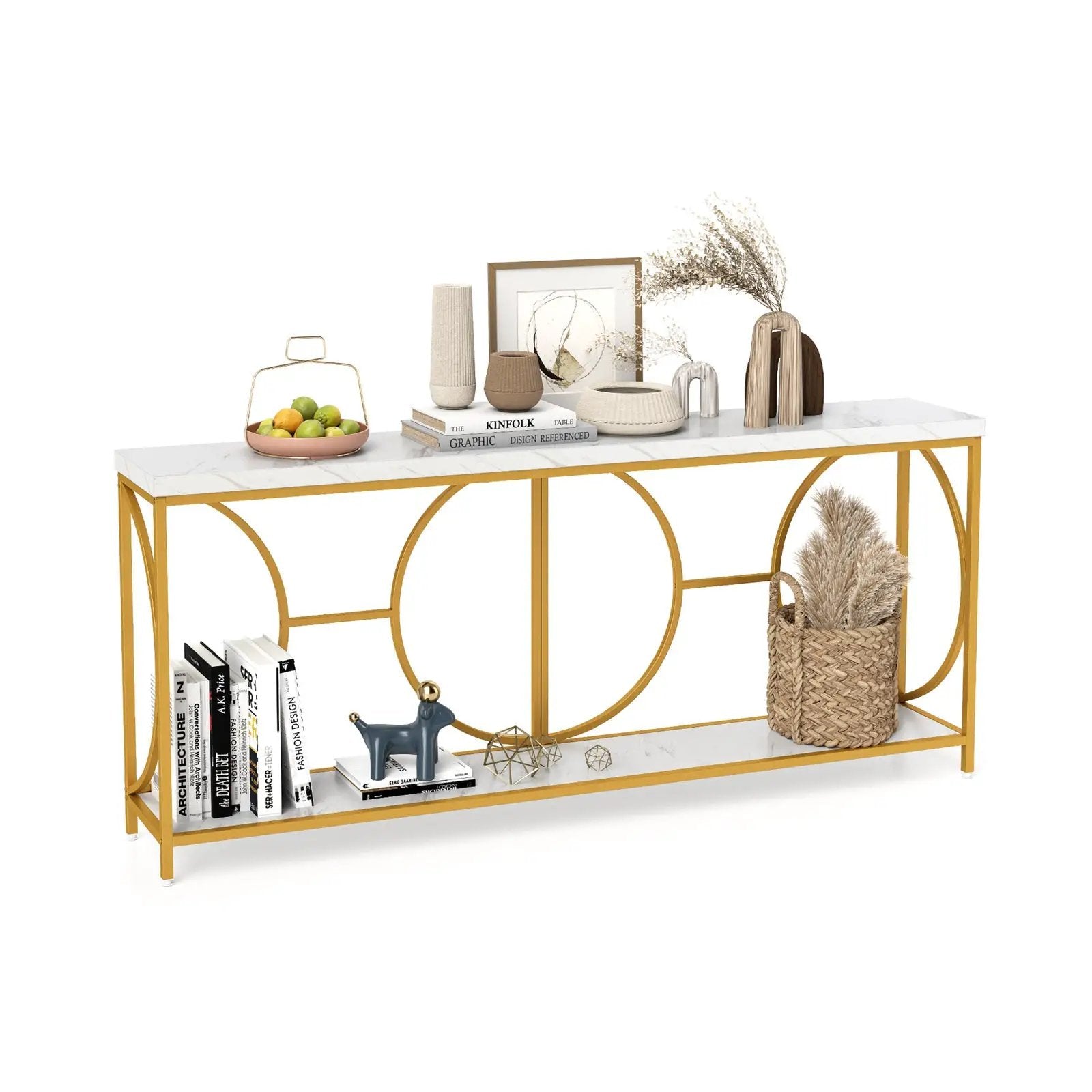 2-Tier Faux Marble Top Console Table with Storage Shelf-White by DirectDeals