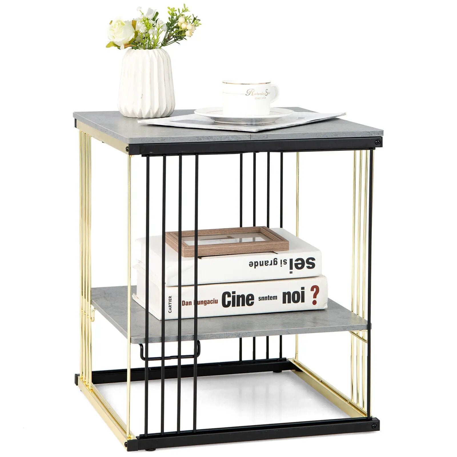 2-Tier Metal Side End Table with Removable Shelf-Gray by DirectDeals