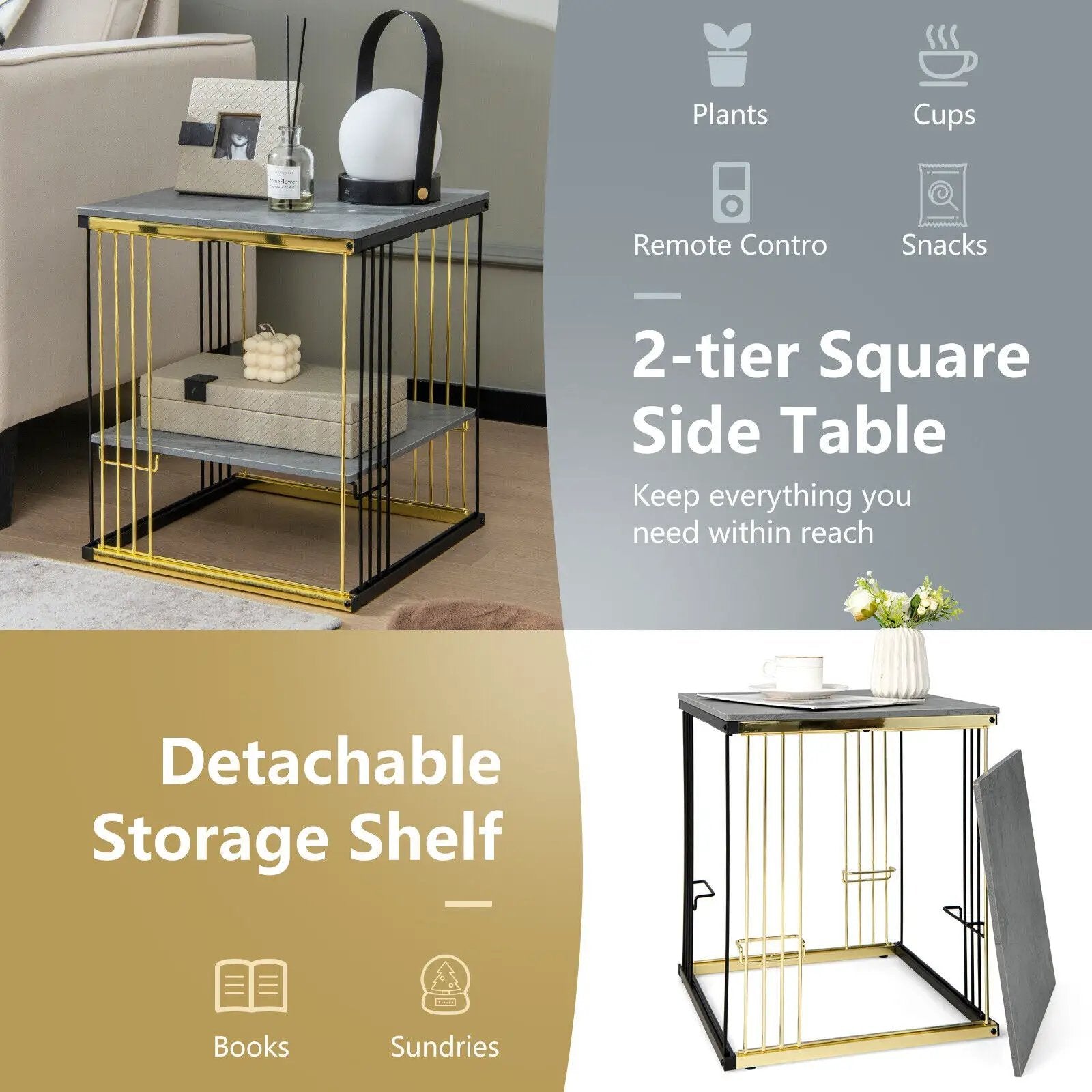 2-Tier Metal Side End Table with Removable Shelf-Gray by DirectDeals